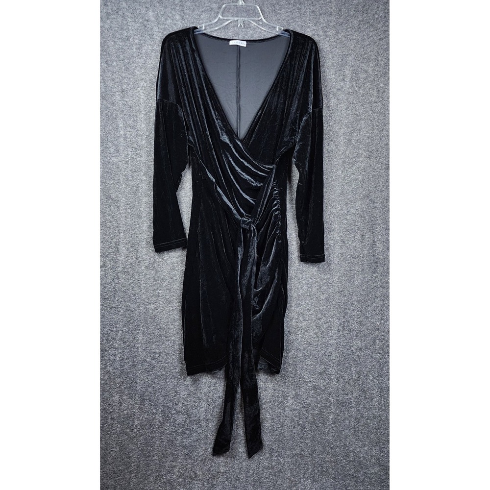 Zaberry Dress Women Medium‎ Black Velvet Long Sleeve V-Neck Ruched Wrap Mini